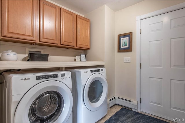 washroom with cabinet space, separate washer and dryer, and a baseboard radiator