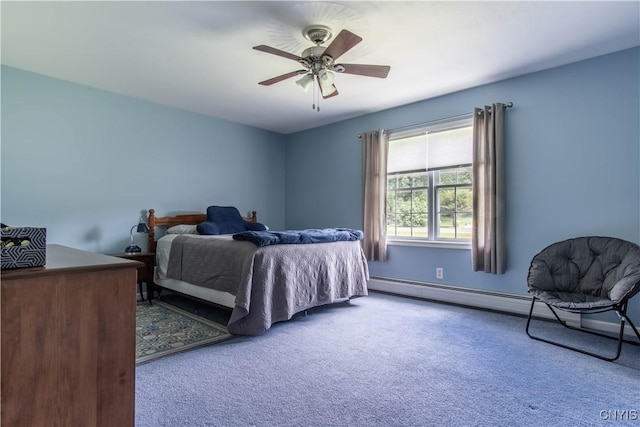 carpeted bedroom featuring a baseboard heating unit and ceiling fan