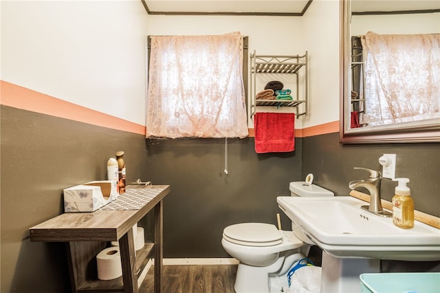 half bathroom with a sink, toilet, and wood finished floors