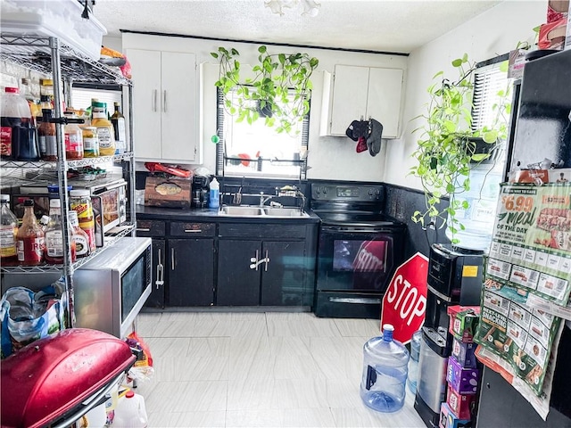 kitchen with white cabinets, black / electric stove, plenty of natural light, and a sink