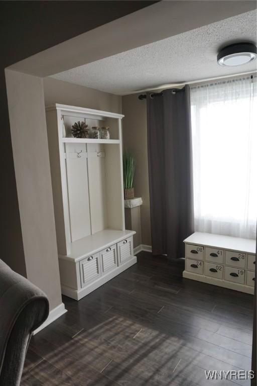 mudroom featuring dark wood-type flooring, baseboards, and a textured ceiling