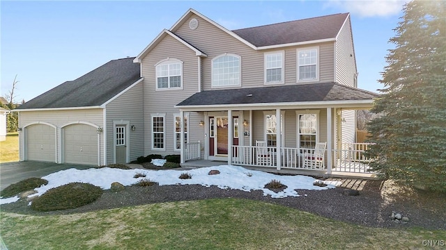 view of front facade with a porch, an attached garage, and a shingled roof