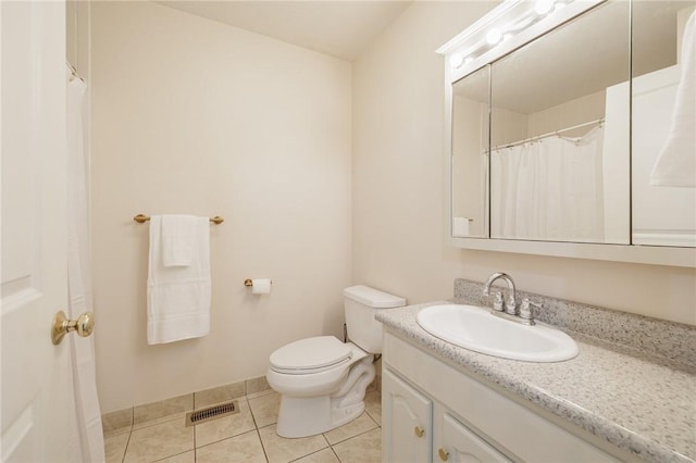 full bath with visible vents, toilet, tile patterned flooring, baseboards, and vanity