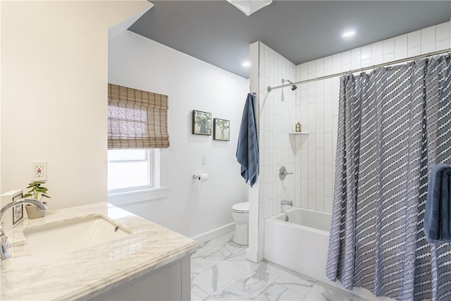 full bath featuring vanity, baseboards, shower / bath combination with curtain, toilet, and marble finish floor