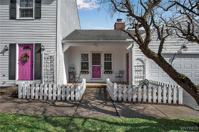 entrance to property with a chimney and roof with shingles