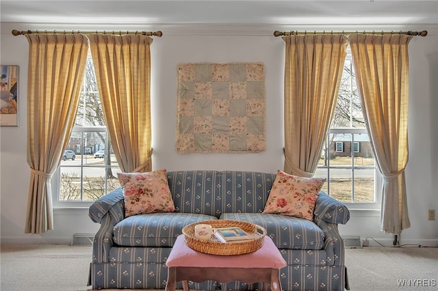 sitting room featuring a wealth of natural light, carpet flooring, and baseboards