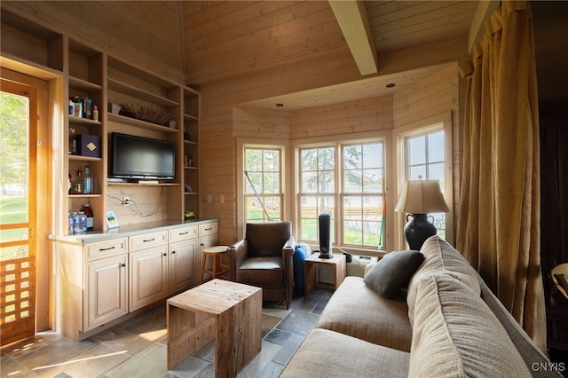 living area featuring wooden walls, beamed ceiling, wooden ceiling, and stone finish flooring