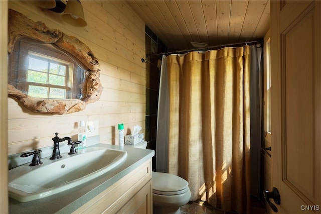 bathroom featuring wooden walls, toilet, wood ceiling, and vanity