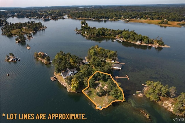 aerial view featuring a water view and a wooded view