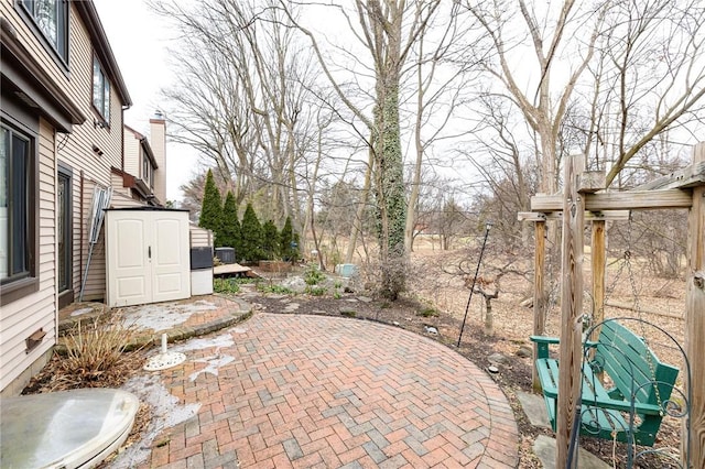 view of patio / terrace with a storage shed and an outdoor structure