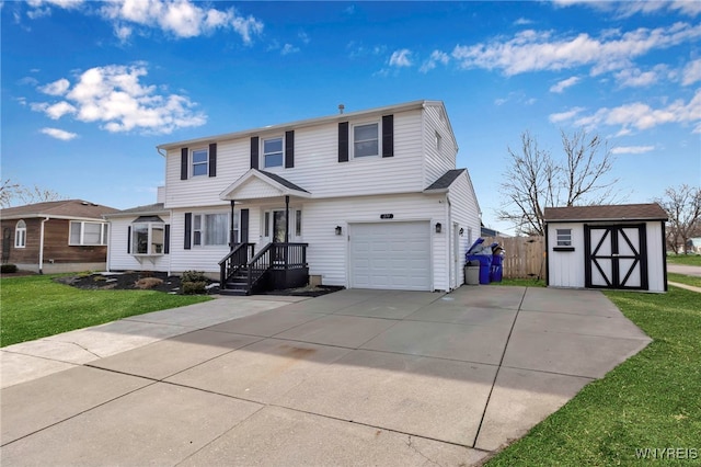 view of front of home with an attached garage, concrete driveway, a storage shed, and a front lawn