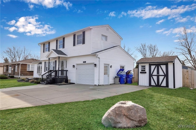 view of home's exterior featuring a storage unit, a lawn, driveway, and fence