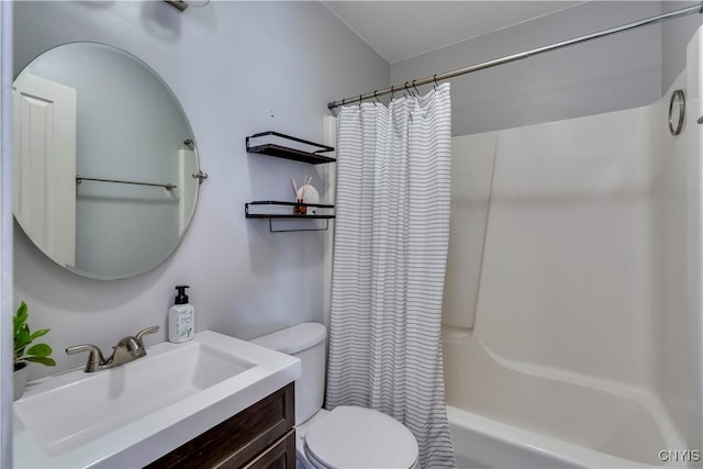 full bathroom with toilet, vanity, and shower / tub combo