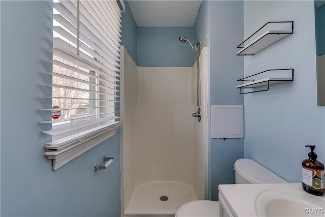 full bathroom featuring a shower stall, toilet, and vanity