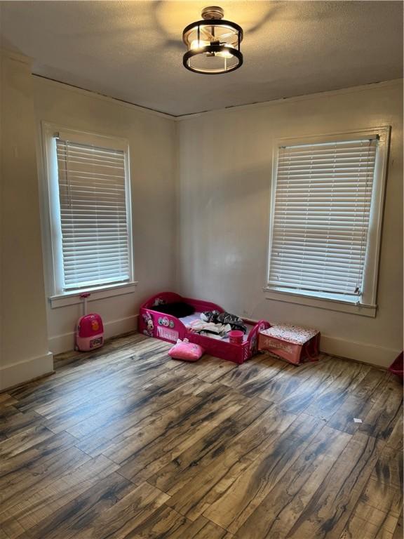 rec room with wood finished floors, baseboards, and a textured ceiling