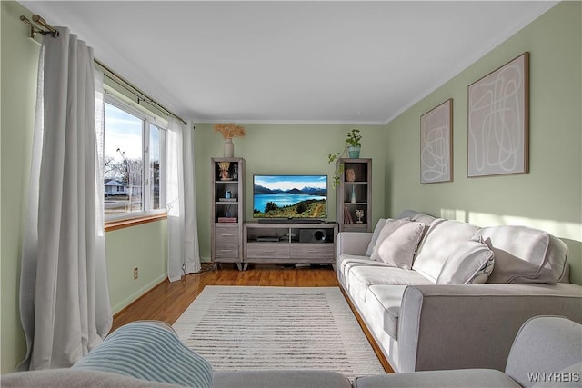 living room featuring ornamental molding, baseboards, and wood finished floors