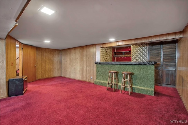 bar featuring carpet floors, a dry bar, and wood walls