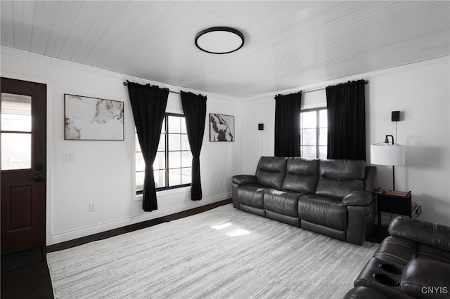 living area featuring wood finished floors, baseboards, and ornamental molding