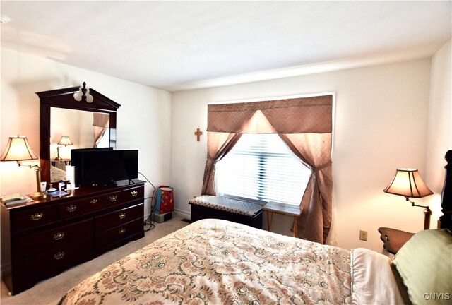 bedroom with light carpet