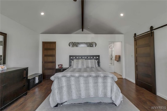 bedroom featuring dark wood finished floors, recessed lighting, vaulted ceiling with beams, and a barn door