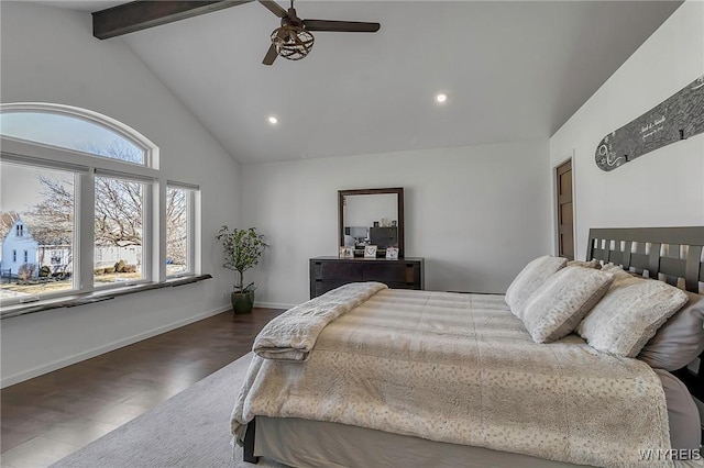 bedroom featuring ceiling fan, baseboards, beamed ceiling, recessed lighting, and wood finished floors