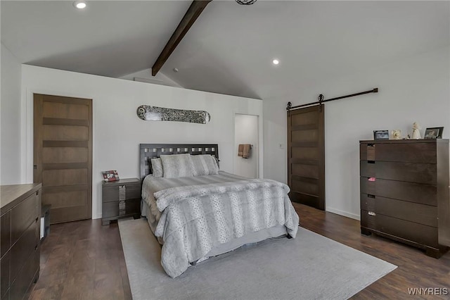 bedroom with dark wood finished floors, recessed lighting, lofted ceiling with beams, and a barn door