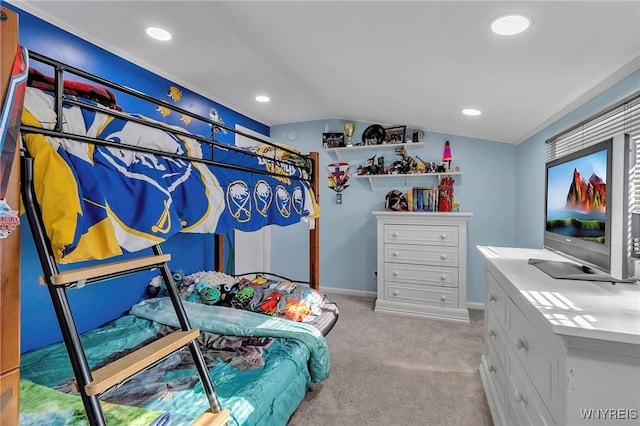 bedroom with recessed lighting, baseboards, light carpet, and vaulted ceiling