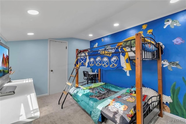 carpeted bedroom featuring lofted ceiling, recessed lighting, and baseboards