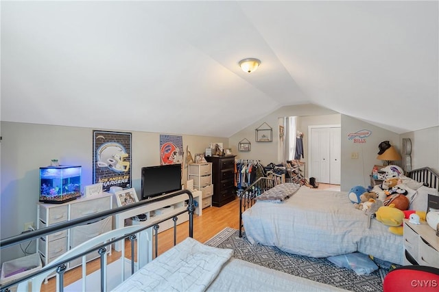 bedroom with lofted ceiling and wood finished floors