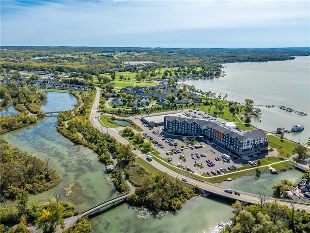 drone / aerial view featuring a water view