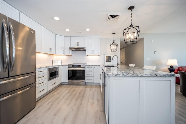 kitchen with visible vents, a peninsula, a sink, stainless steel appliances, and under cabinet range hood