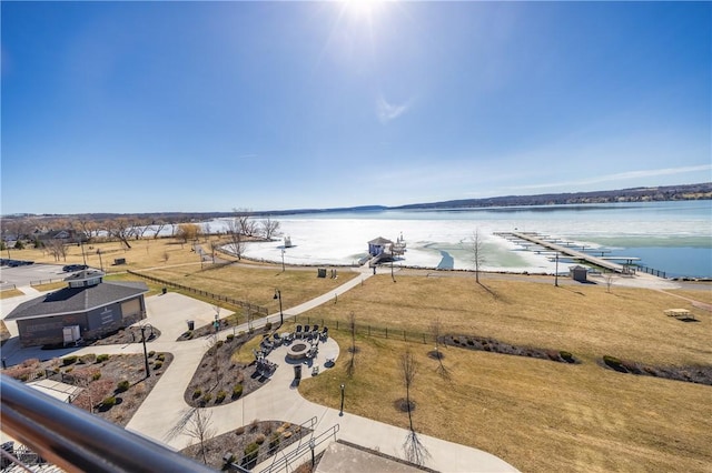 bird's eye view with a water view