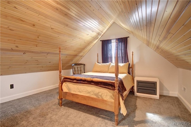 carpeted bedroom featuring baseboards, wooden ceiling, and vaulted ceiling