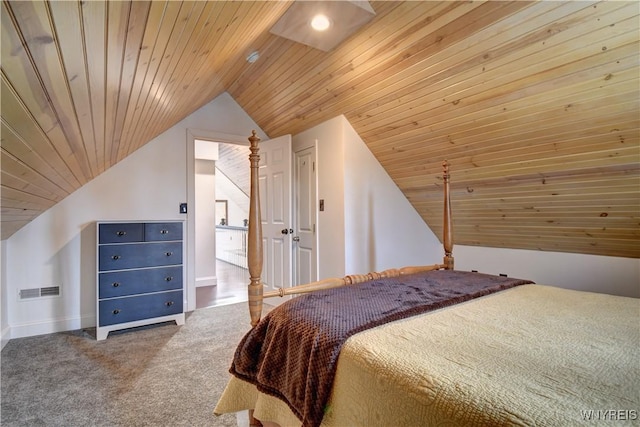 carpeted bedroom with visible vents, wood ceiling, and lofted ceiling