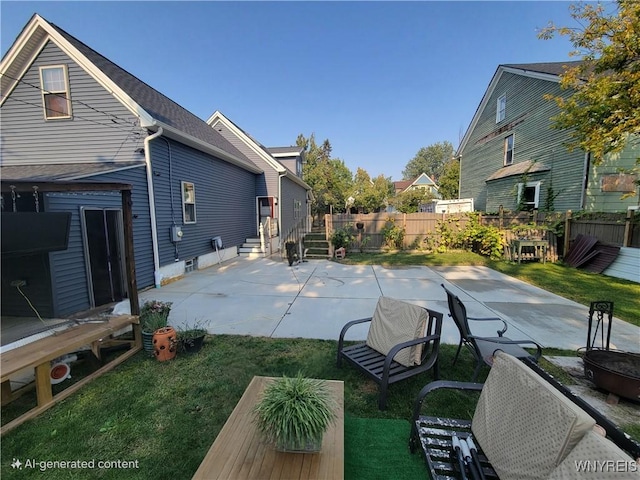 back of house with a patio area, a lawn, entry steps, and fence