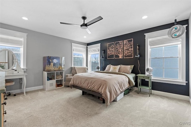 carpeted bedroom featuring recessed lighting, baseboards, and ceiling fan