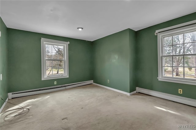 unfurnished room featuring carpet flooring, baseboards, and a baseboard radiator