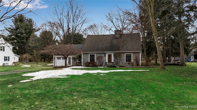 cape cod-style house featuring an attached garage, a chimney, and a front lawn