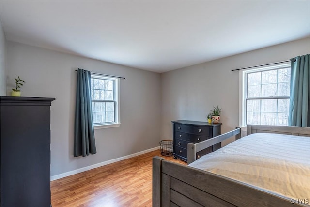 bedroom featuring light wood-type flooring and baseboards