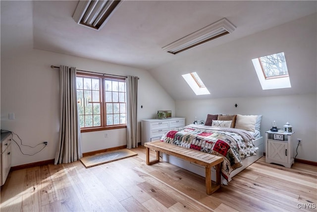 bedroom featuring vaulted ceiling, baseboards, and light wood-type flooring