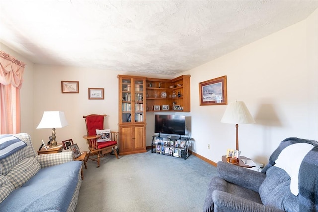 living area with a textured ceiling, baseboards, and carpet floors