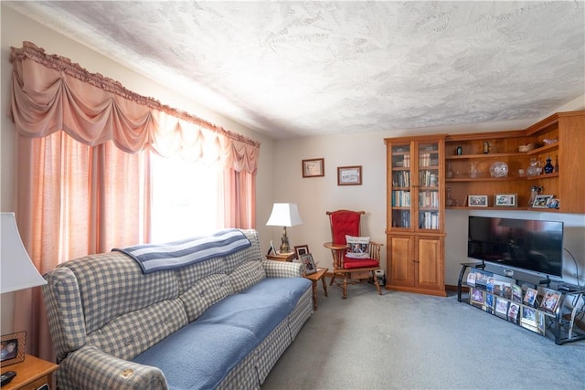 living area featuring light colored carpet and a textured ceiling