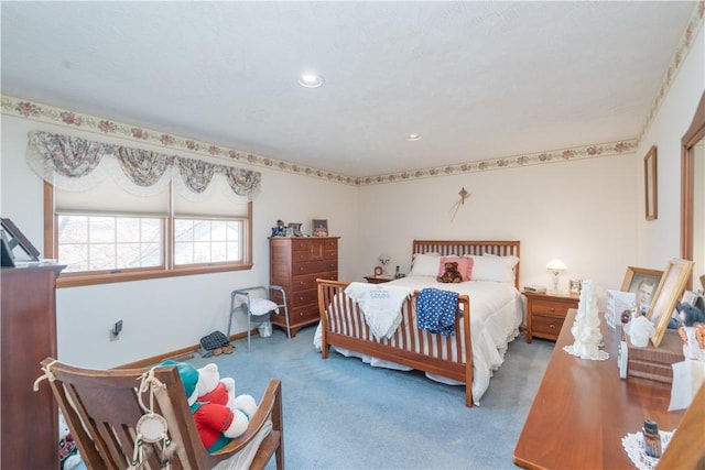 bedroom featuring carpet flooring, recessed lighting, and baseboards