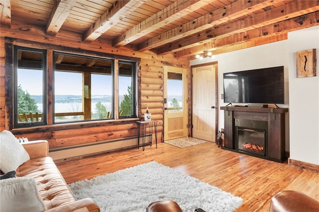 living area with a baseboard heating unit, wood ceiling, beam ceiling, wood finished floors, and rustic walls