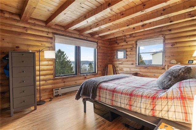 bedroom featuring light wood finished floors, beamed ceiling, wood ceiling, log walls, and a baseboard radiator