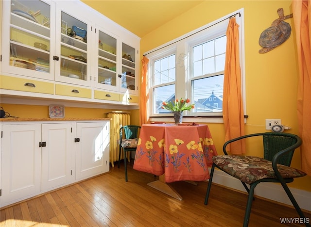 living area featuring light wood-style flooring, radiator heating unit, and baseboards