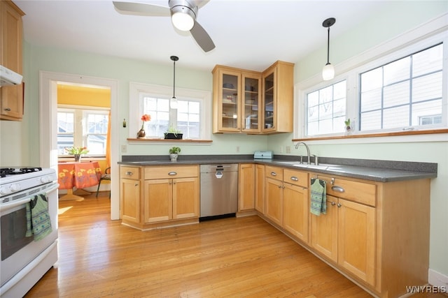 kitchen featuring white gas stove, light wood-style flooring, dishwasher, and dark countertops