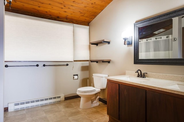 full bathroom with a baseboard radiator, toilet, double vanity, wooden ceiling, and a sink