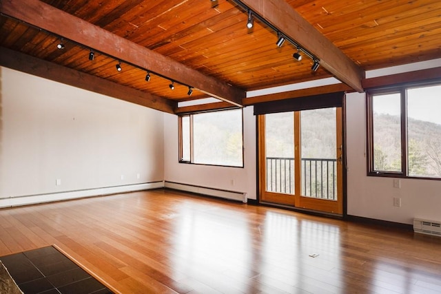 unfurnished room with hardwood / wood-style floors, a baseboard radiator, wooden ceiling, and track lighting