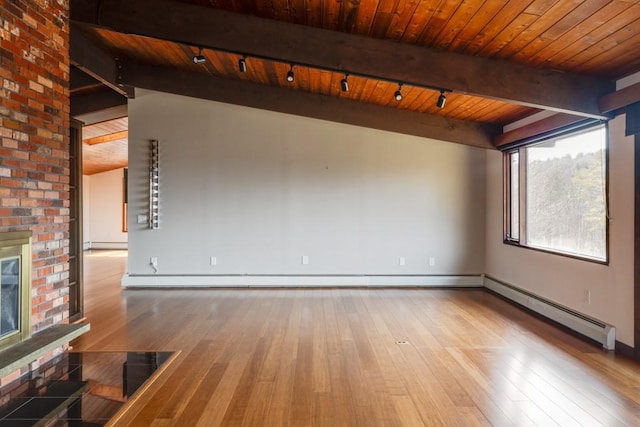 unfurnished room featuring wood finished floors, a baseboard radiator, wood ceiling, a brick fireplace, and baseboard heating